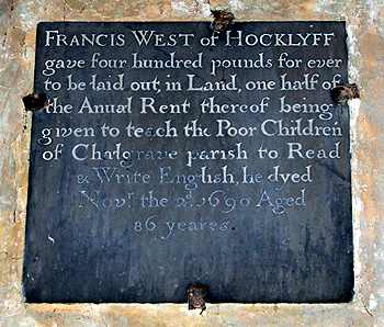 Francis West charity plaque in the south aisle at Chalgrave June 2012